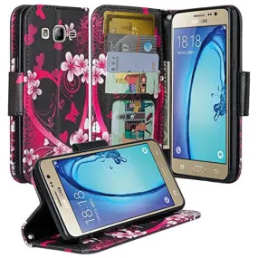 Galaxy J7 2016 Case, Magnetic Fold[Kickstand] Pu Leather Wrist Strap Wallet Case with ID & Credit Card Slot for Samsung Galaxy J7 2016 / J710 - Heart Butterflies