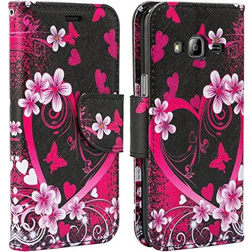 Galaxy J7 2016 Case, Magnetic Fold[Kickstand] Pu Leather Wrist Strap Wallet Case with ID & Credit Card Slot for Samsung Galaxy J7 2016 / J710 - Heart Butterflies