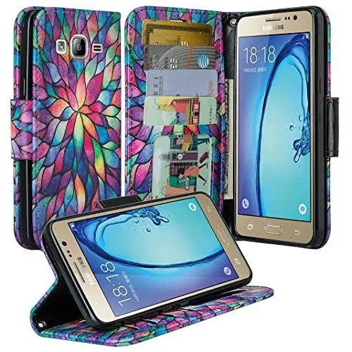 Galaxy J7 Case, Magnetic Flip Folio [Kickstand Feature] Pu Leather Wrist Strap Wallet Case with ID & Card Slots for Samsung Galaxy J7 - Rainbow Flower