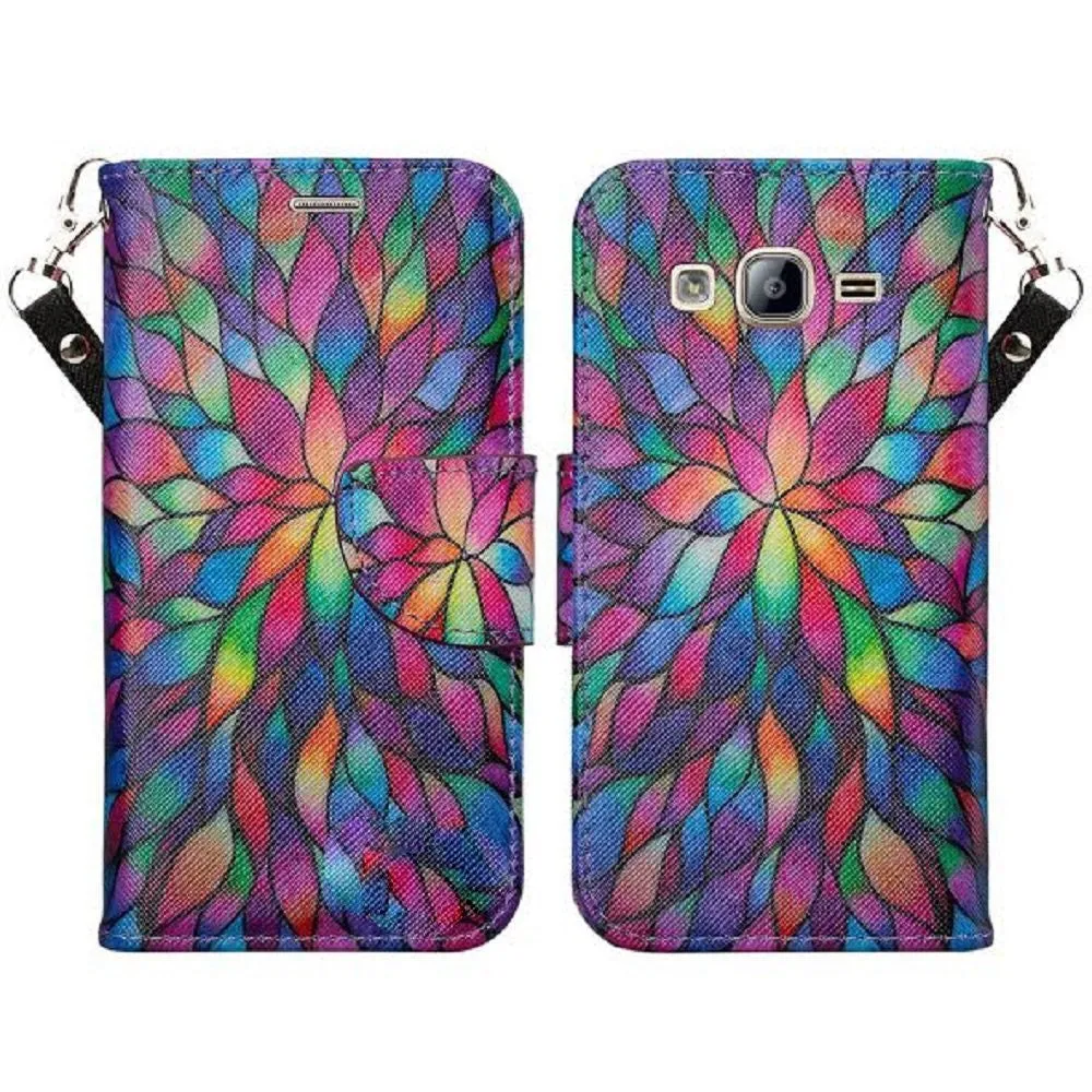 Galaxy J7 Case, Magnetic Flip Folio [Kickstand Feature] Pu Leather Wrist Strap Wallet Case with ID & Card Slots for Samsung Galaxy J7 - Rainbow Flower