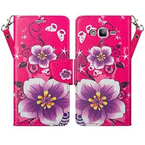 Galaxy J7 Case, Samsung Galaxy J7 Wallet Case, Wrist Strap Flip Folio [Kickstand Feature] Pu Leather Wallet Case with ID&Credit Card Slot For Galaxy J7, Hot Pink Flower