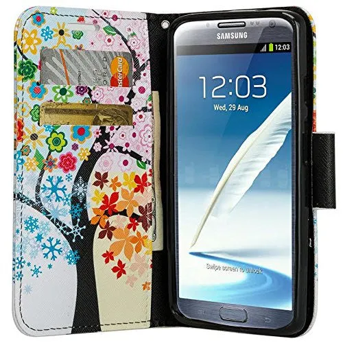 Galaxy Note 2 Case, Wrist Strap Pu Leather Magnetic Fold[Kickstand] Wallet Case with ID & Card Slots for Samsung Galaxy Note 2 - Glowing Tree