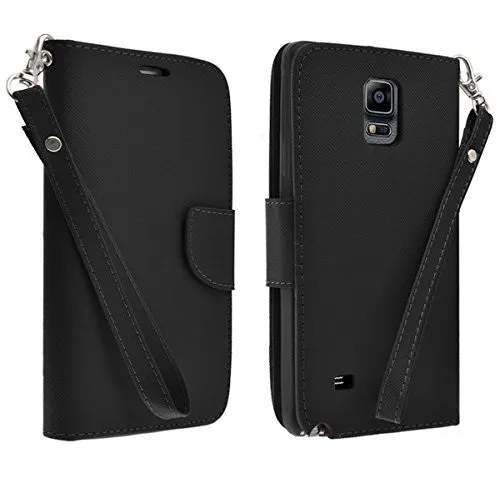 Galaxy Note Edge Case, Wrist Strap Magnetic Fold[Kickstand] Pu Leather Wallet Case with ID & Credit Card Slots for Samsung Galaxy Note Edge - Black