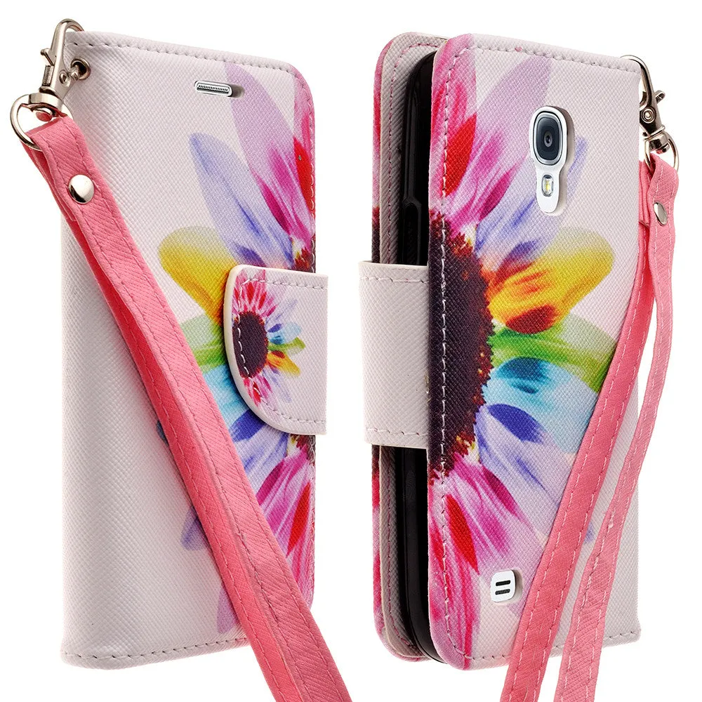 Galaxy S4 Mini Case, Wrist Strap Magnetic Fold[Kickstand] Pu Leather Wallet Case with ID & Credit Card Slots for Samsung Galaxy S4 Mini - Vivid Sunflower