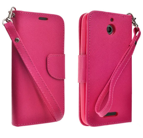 HTC Desire 510 Case, Wrist Strap Flip Folio [Kickstand Feature] Pu Leather Wallet Case with ID & Credit Card Slots - Hot Pink