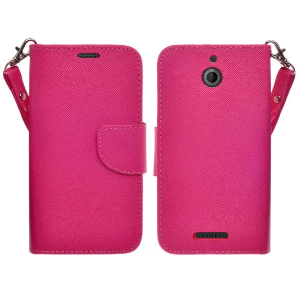 HTC Desire 510 Case, Wrist Strap Flip Folio [Kickstand Feature] Pu Leather Wallet Case with ID & Credit Card Slots - Hot Pink