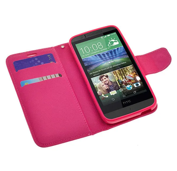 HTC Desire 510 Case, Wrist Strap Flip Folio [Kickstand Feature] Pu Leather Wallet Case with ID & Credit Card Slots - Hot Pink