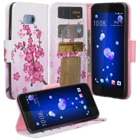 HTC U11 Case, U11 Wallet Case, Wrist Strap Pu Leather Wallet Case [Kickstand] with ID & Credit Card Slots - Cherry Blossom