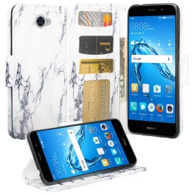 Huawei Ascend XT 2 Case, Elate 4G Case, H1711 Case, Slim Flip Fold [Kickstand] Pu Leather Wallet Cover with Card Slots & Pocket   Wrist Strap - White Marble