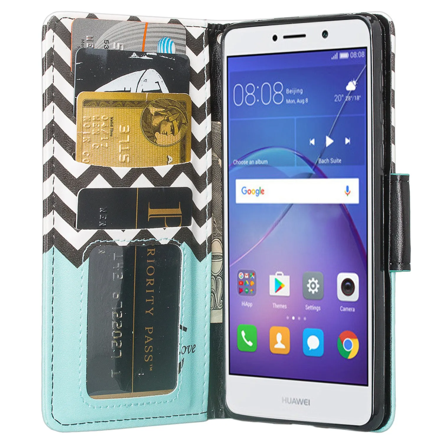 Huawei Mate 9 Lite, Honor 6X, GR5 2017  Wrist Strap Pu Leather Magnetic Flip Fold[Kickstand] Wallet Case with ID & Card Slots for Mate 9 Lite - Teal Anchor