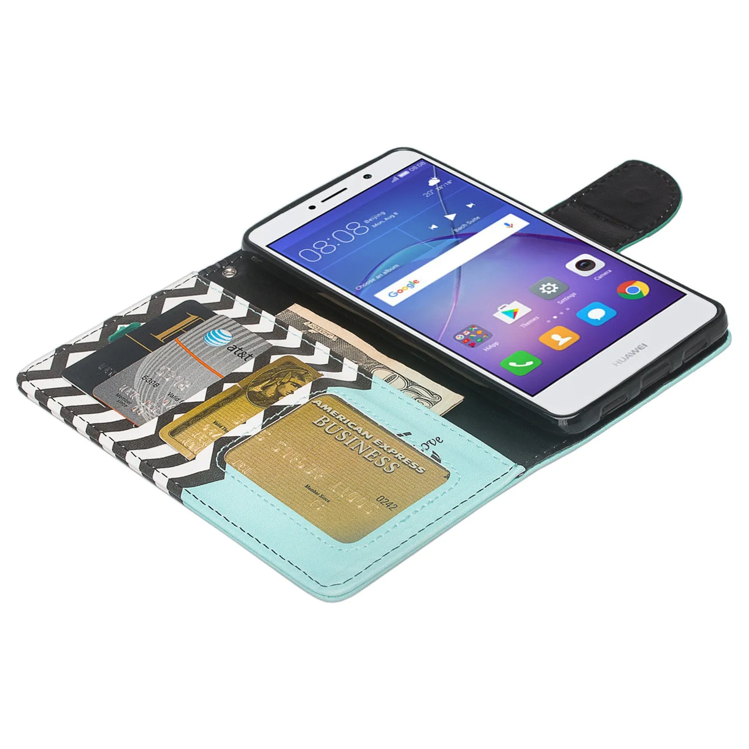 Huawei Mate 9 Lite, Honor 6X, GR5 2017  Wrist Strap Pu Leather Magnetic Flip Fold[Kickstand] Wallet Case with ID & Card Slots for Mate 9 Lite - Teal Anchor