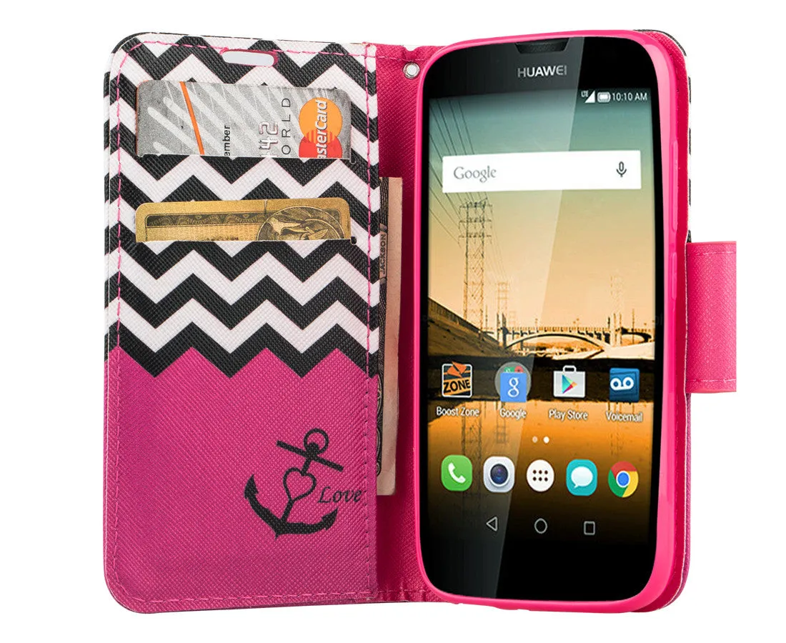 Huawei Union | Y538 Case, Wrist Strap Magnetic Flip Fold[Kickstand] Pu Leather Wallet Case with ID & Card Slots - Hot Pink Anchor