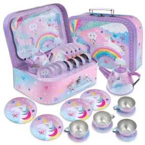 Jewelkeeper 15 Piece Kids Pretend Toy Tin Tea Set & Carrying Case - Cotton Candy Unicorn