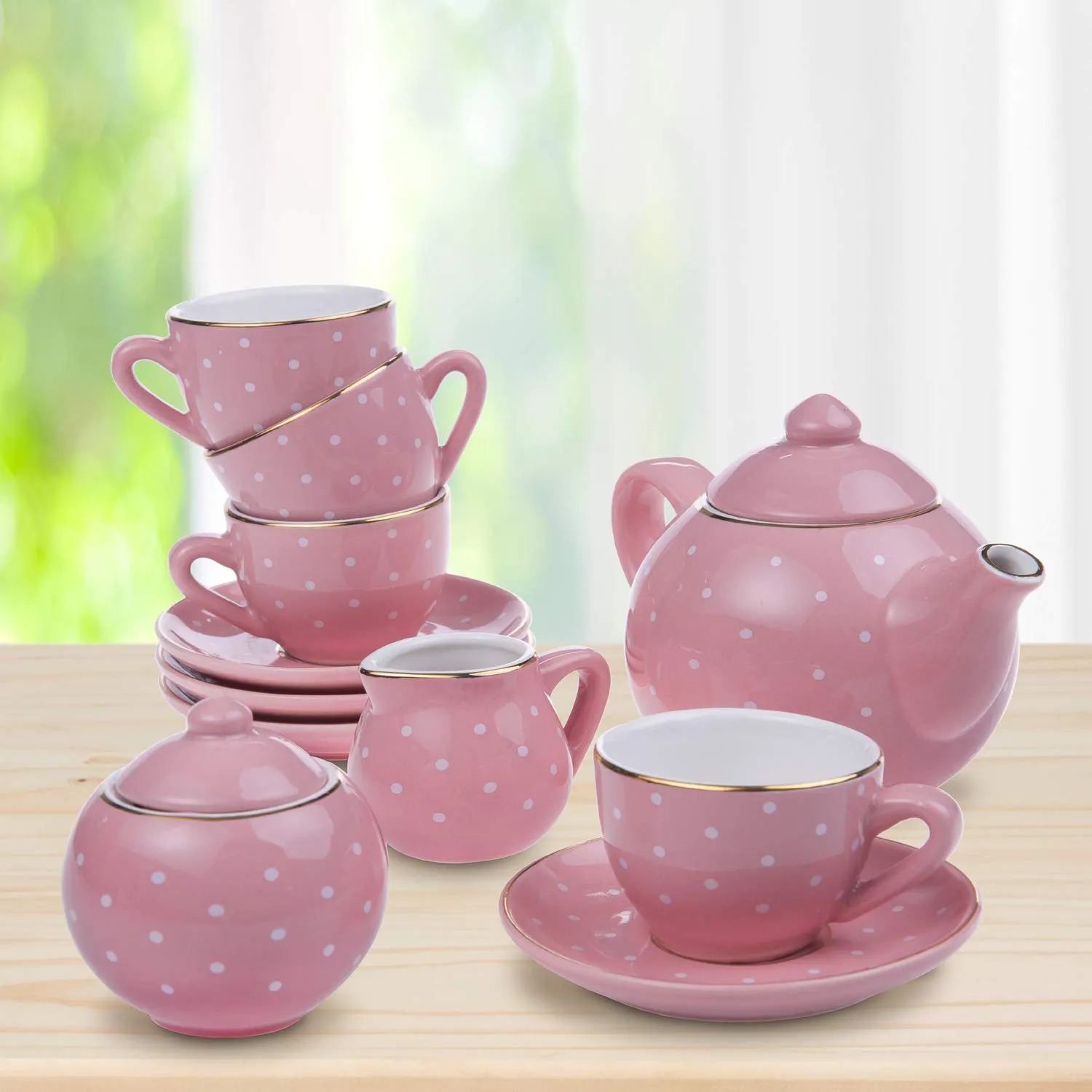 Jewelkeeper Porcelain Tea Set for Little Girls, Pink Polka Dot, 13