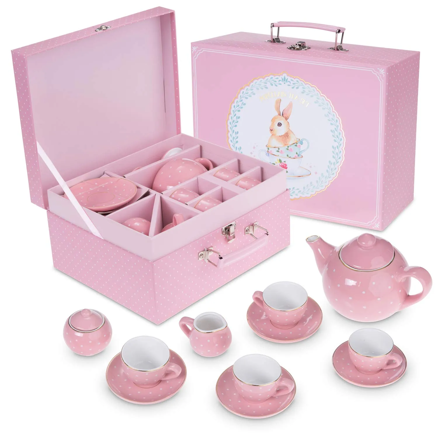 Jewelkeeper Porcelain Tea Set for Little Girls, Pink Polka Dot, 13