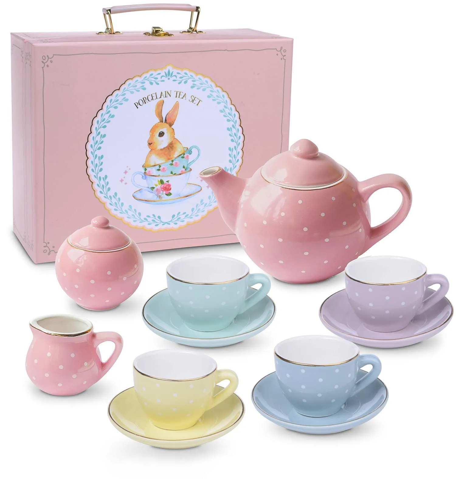 Jewelkeeper Porcelain Tea Set for Little Girls, Pink Polka Dot, 13