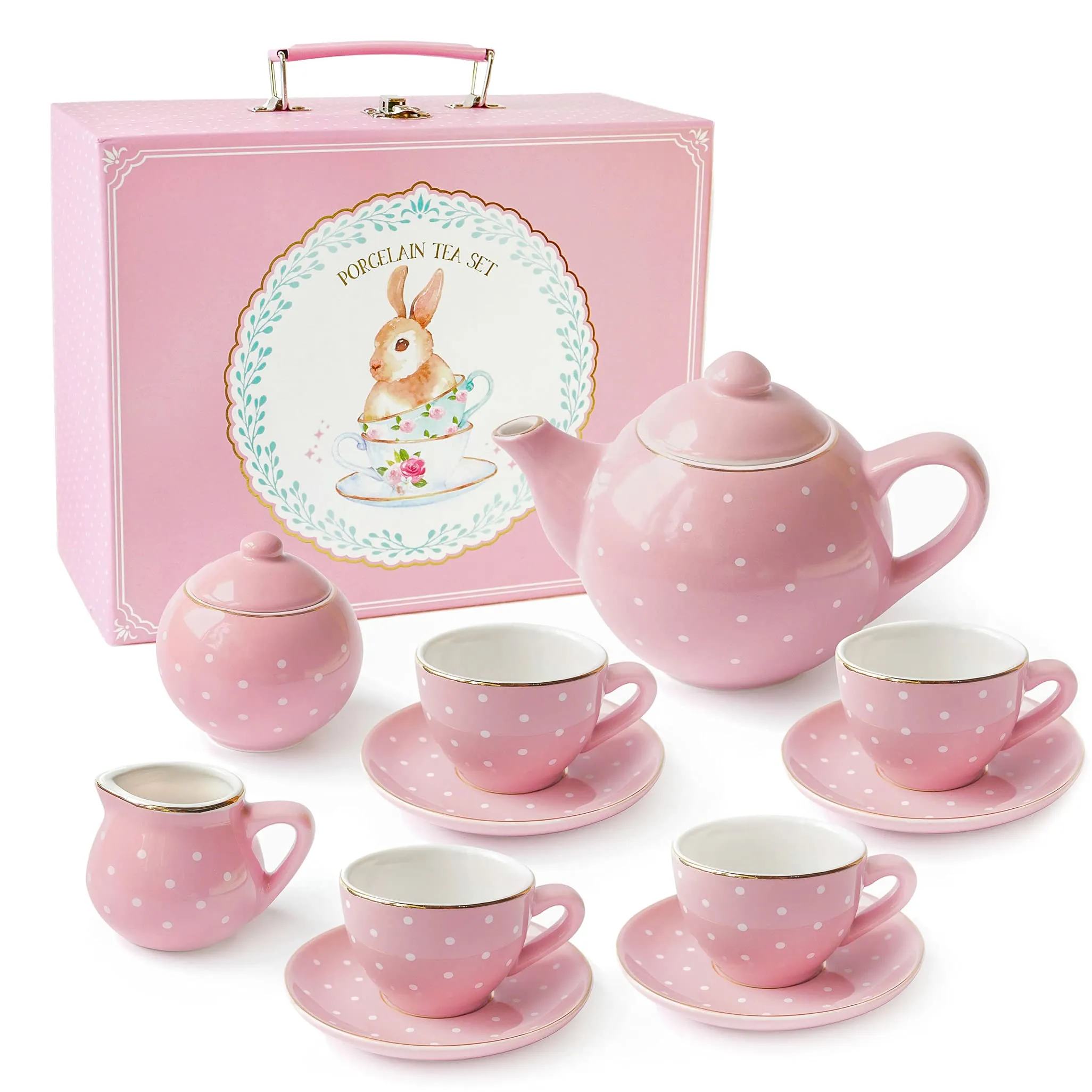 Jewelkeeper Porcelain Tea Set for Little Girls, Pink Polka Dot, 13