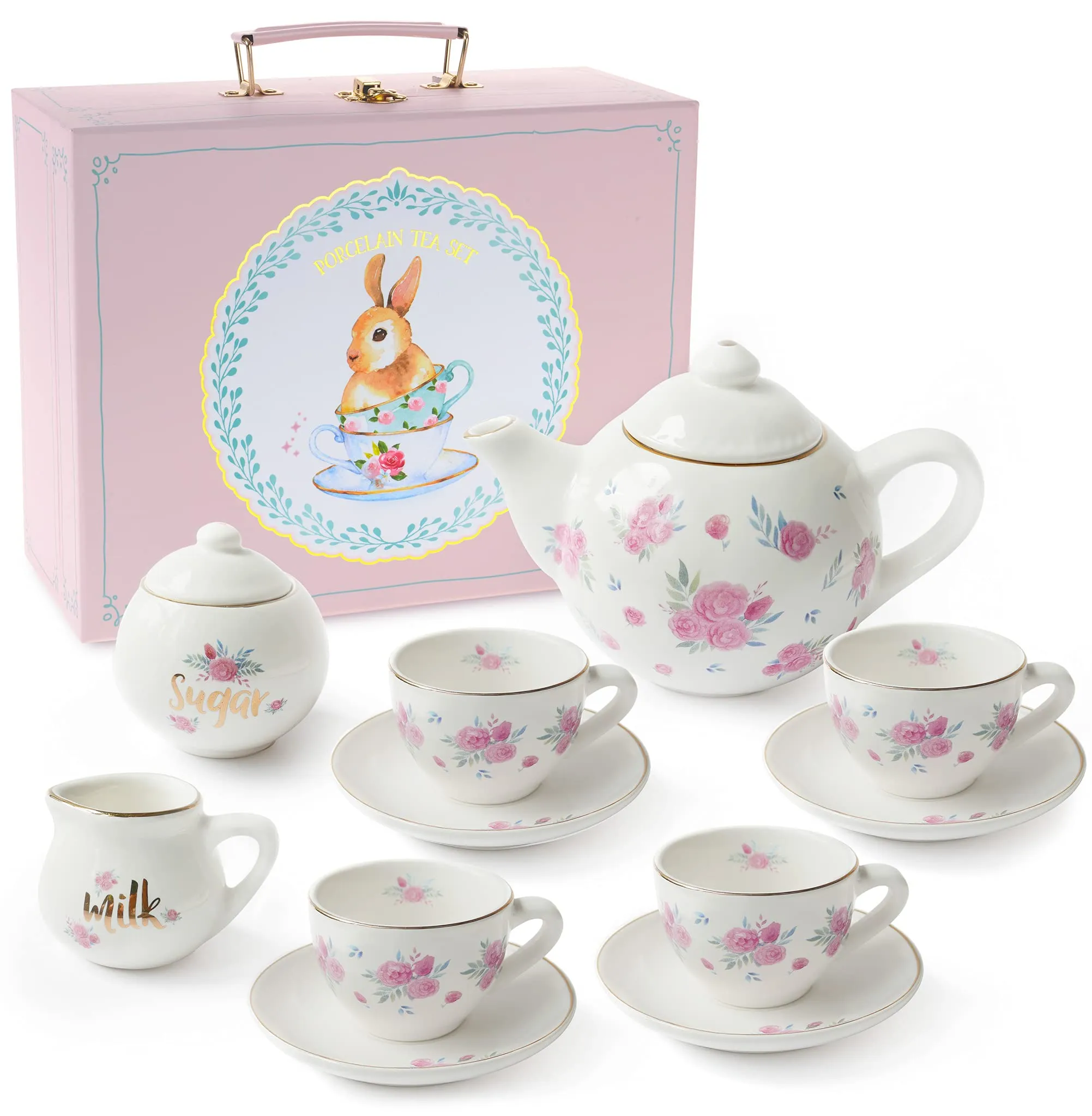 Jewelkeeper Porcelain Tea Set for Little Girls, Pink Polka Dot, 13