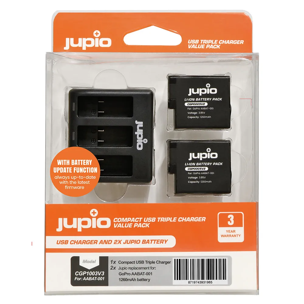 Jupio 2x Batteries 1260mAh & USB Triple Charger Kit For GoPro Hero 5/6/7