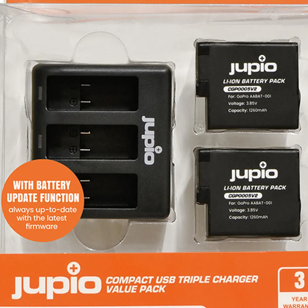 Jupio 2x Batteries 1260mAh & USB Triple Charger Kit For GoPro Hero 5/6/7