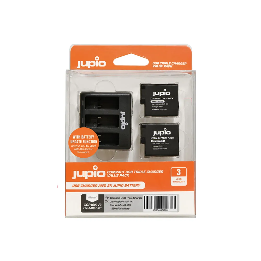 Jupio 2x Batteries 1260mAh & USB Triple Charger Kit For GoPro Hero 5/6/7