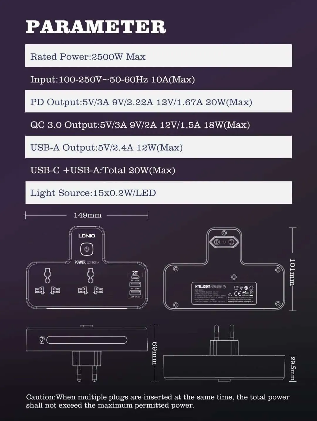 LDNIO SC2311 | 2500W PD & QC3.0 Power Socket  | With 20W Type-C & USB Ports