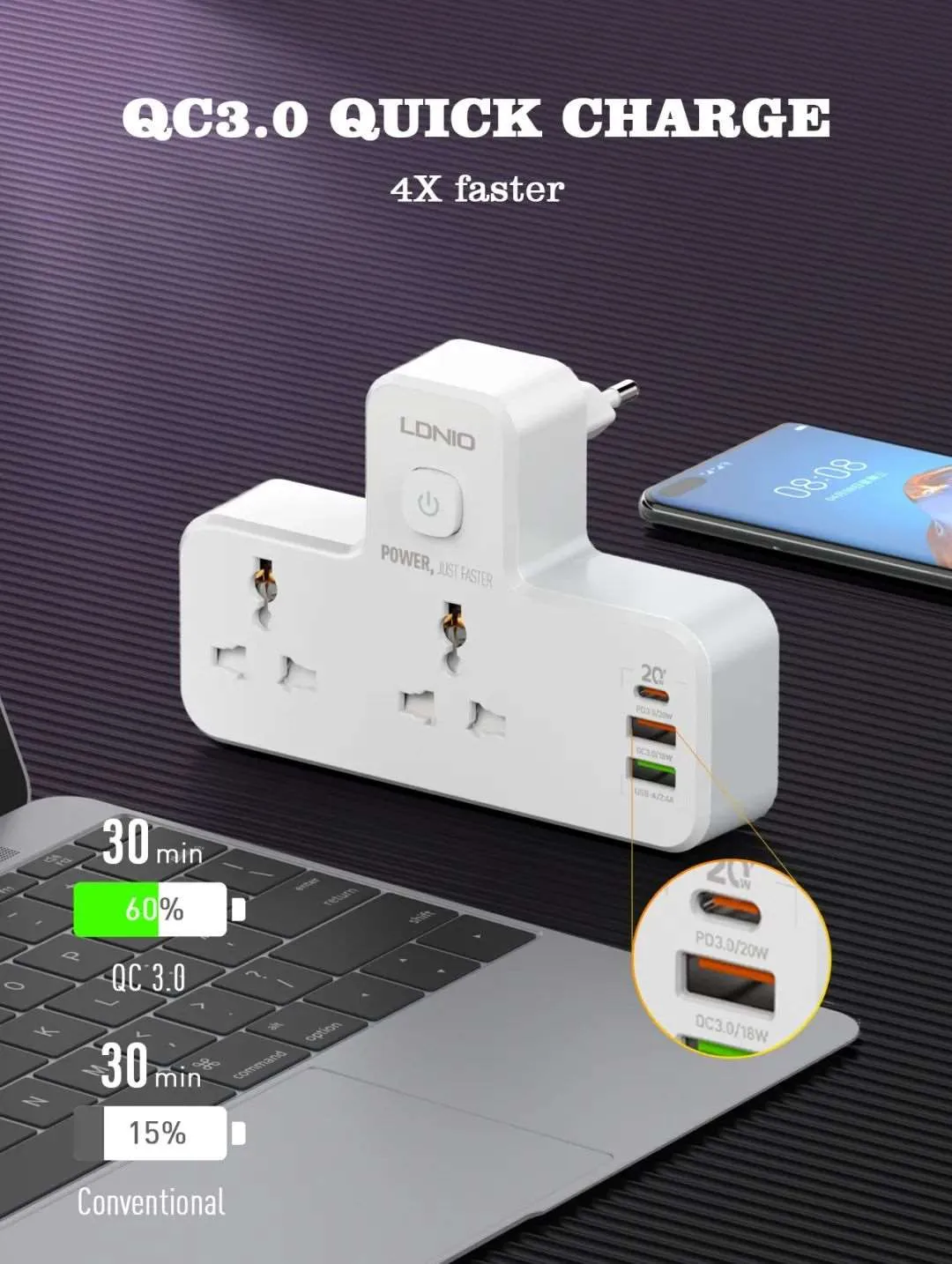 LDNIO SC2311 | 2500W PD & QC3.0 Power Socket  | With 20W Type-C & USB Ports