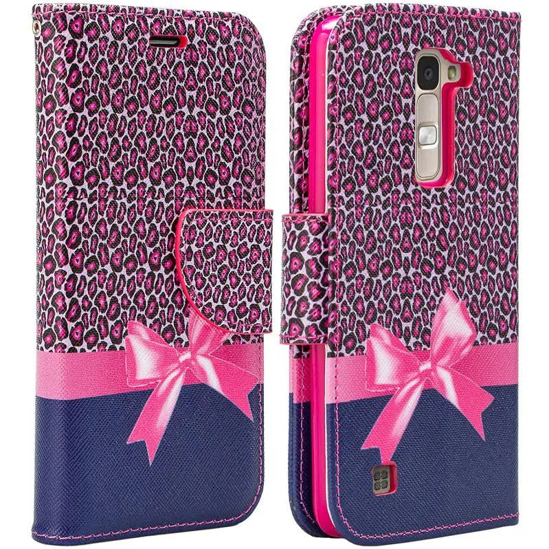 LG K10 / LG Premier LTE Case, Wrist Strap Magnetic Fold[Kickstand] Pu Leather Wallet Case with ID & Credit Card Slots - Hot Pink Cheetah