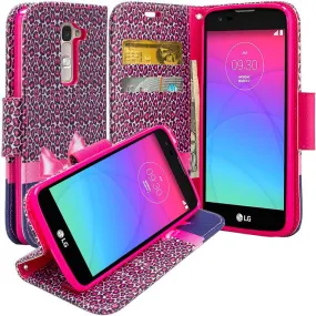 LG K10 / LG Premier LTE Case, Wrist Strap Magnetic Fold[Kickstand] Pu Leather Wallet Case with ID & Credit Card Slots - Hot Pink Cheetah