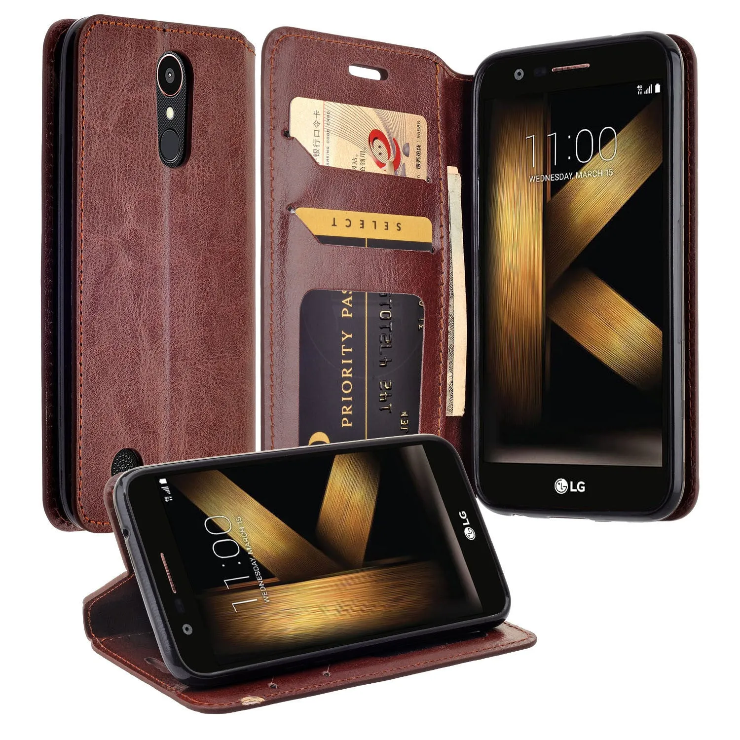 LG K20 Plus Case, LG K20 V, K10 2017 Slim Magnetic Flip Fold[Kickstand] Pu Leather Wallet Case with ID & Credit Card Slots for K20 Plus/K20 V - Brown