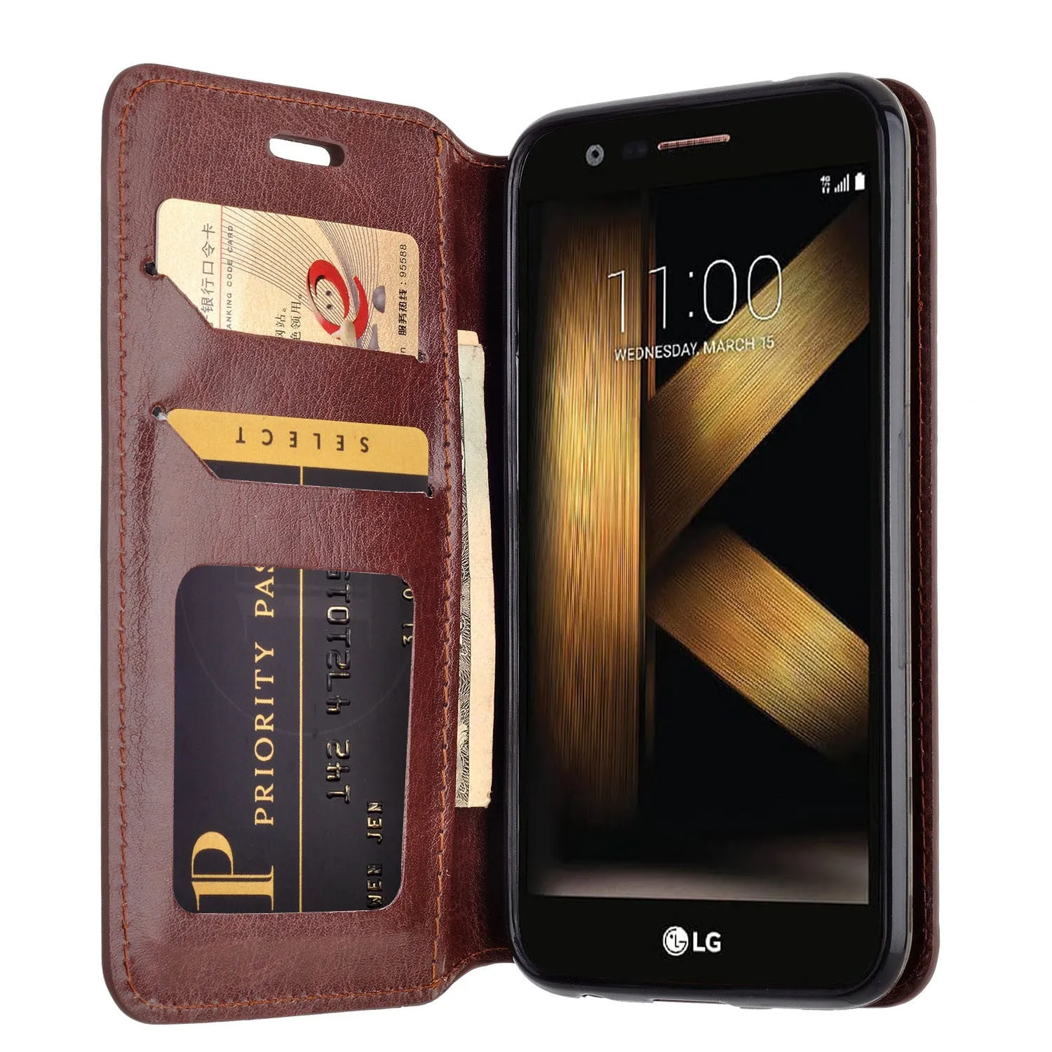 LG K20 Plus Case, LG K20 V, K10 2017 Slim Magnetic Flip Fold[Kickstand] Pu Leather Wallet Case with ID & Credit Card Slots for K20 Plus/K20 V - Brown