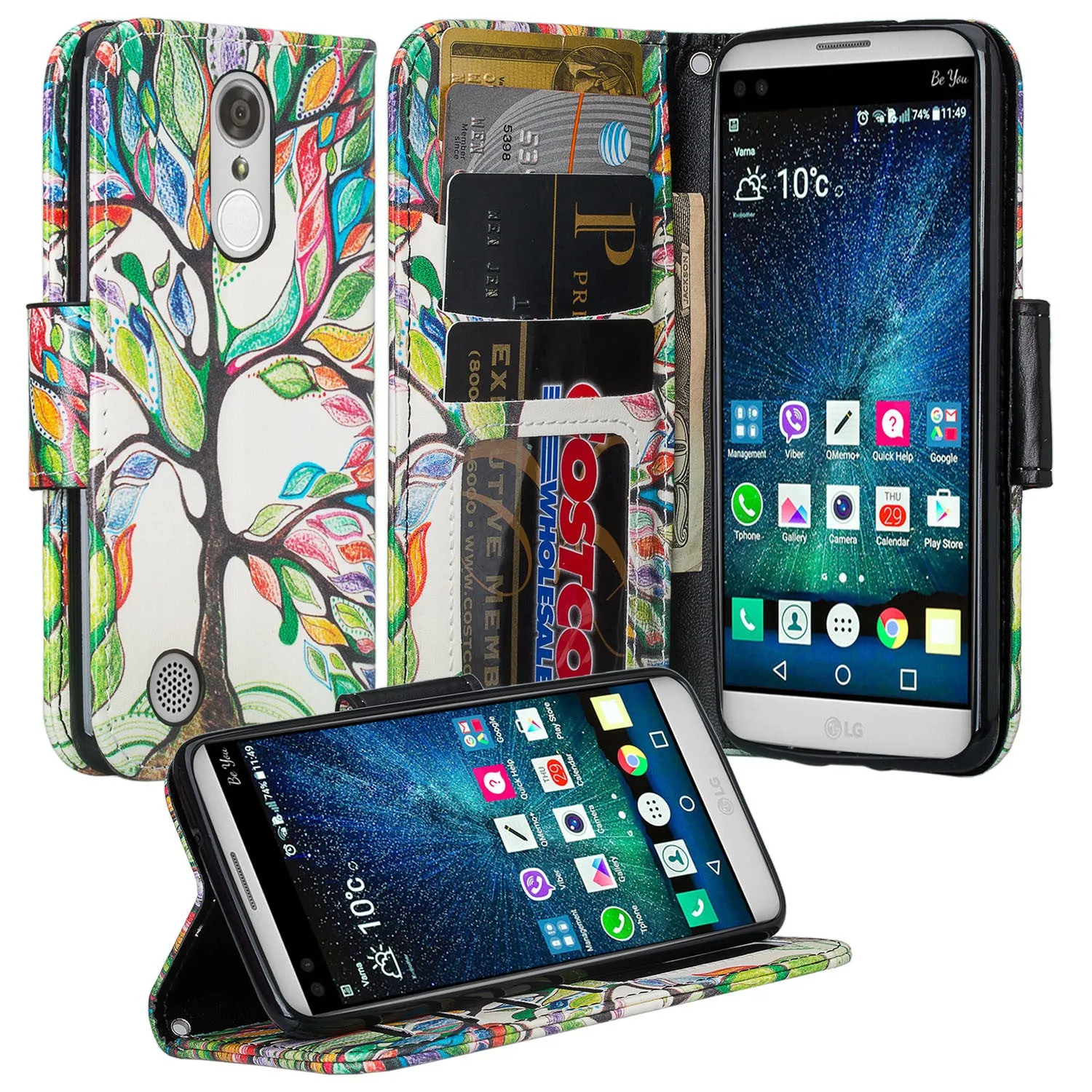 LG K20 Plus Case, LG K20 V, K10 2017 Wrist Strap Pu Leather Magnetic Flip Fold[Kickstand] Wallet Case with ID & Card Slots - Colorful Tree