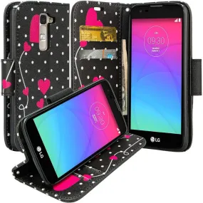 LG K7, LG Tribute 5, LG Treasure Wallet Case, Wrist Strap [Kickstand] Pu Leather Wallet Case with ID & Credit Card Slots - Polka Dot Heart