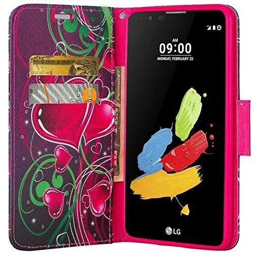 LG K7 | Tribute 5 | Treasure Case, Wallet Case, Wrist Strap [Kickstand] Pu Leather Wallet Case with ID & Credit Card Slots - Heart Strings