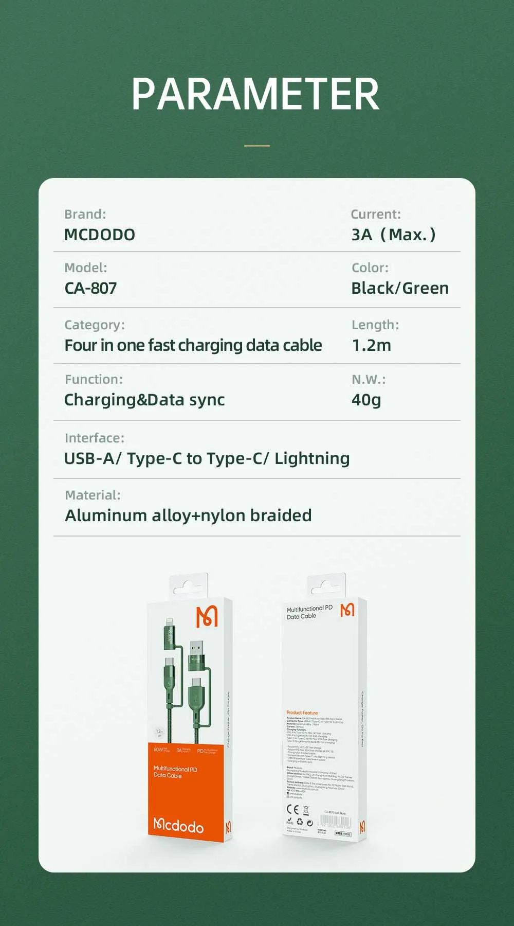 Mcdodo CA-807 | USB & Type-C to Type-C & Lightning Mobile Cable | 2-in-2 Cable