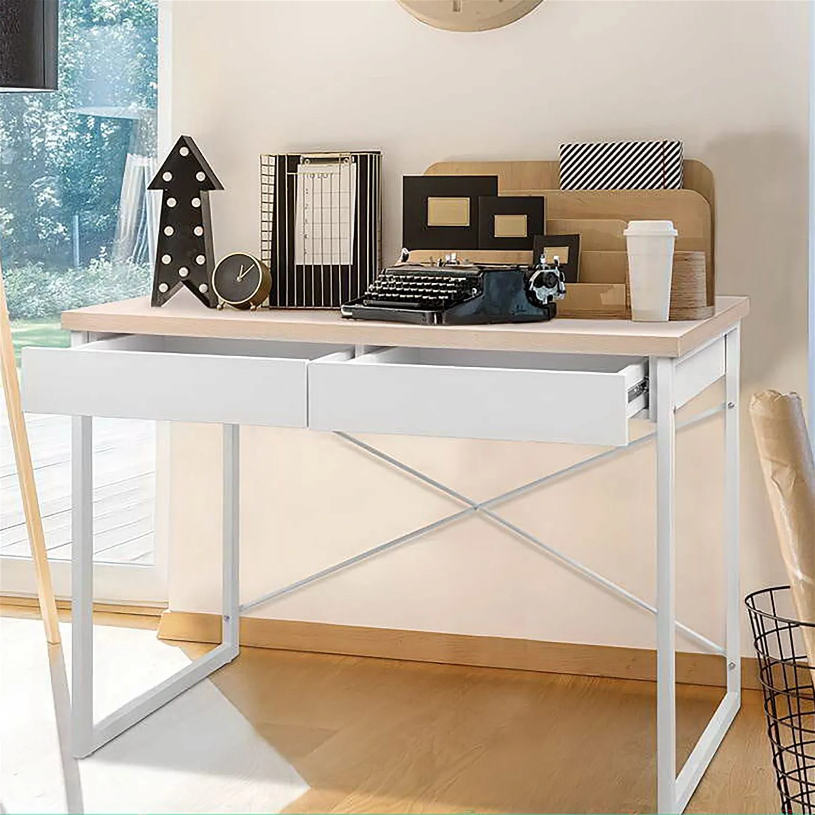 Metal Desk with Drawer - White with Wooden Top