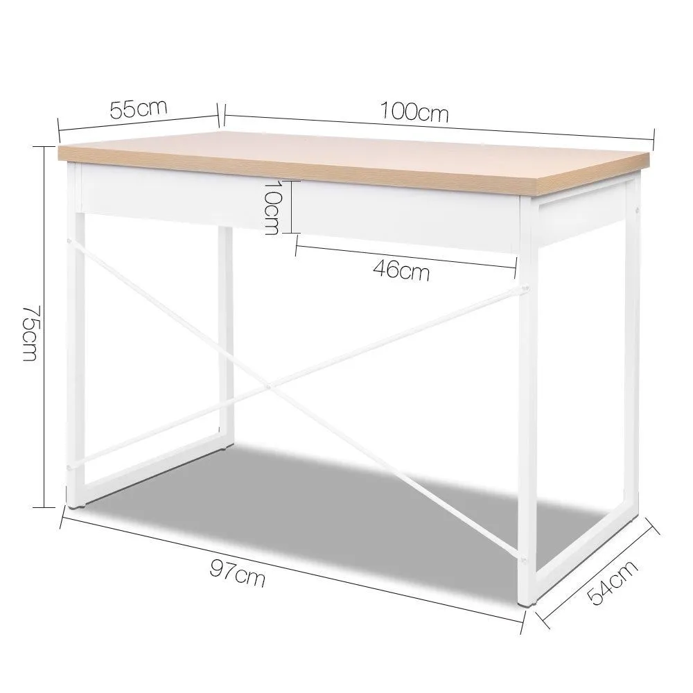 Metal Desk with Drawer - White with Wooden Top