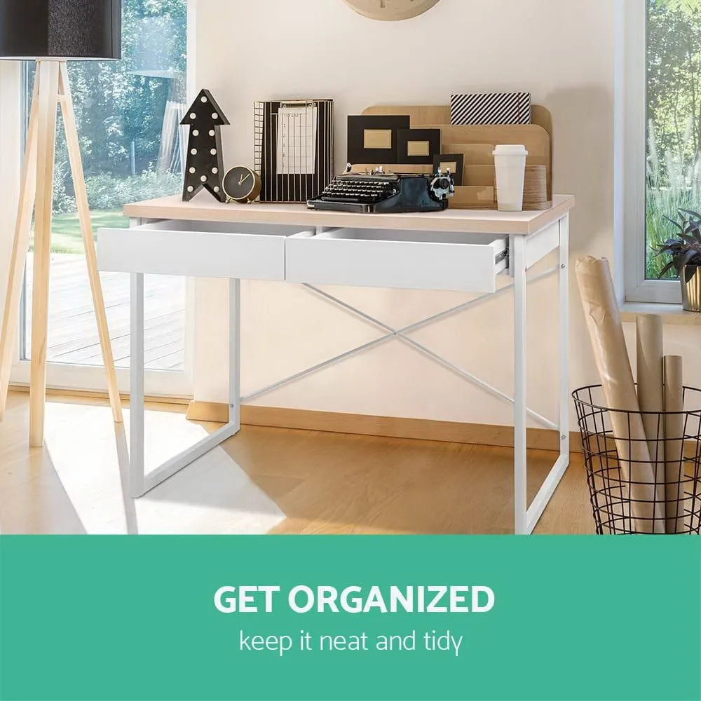 Metal Desk with Drawer - White with Wooden Top