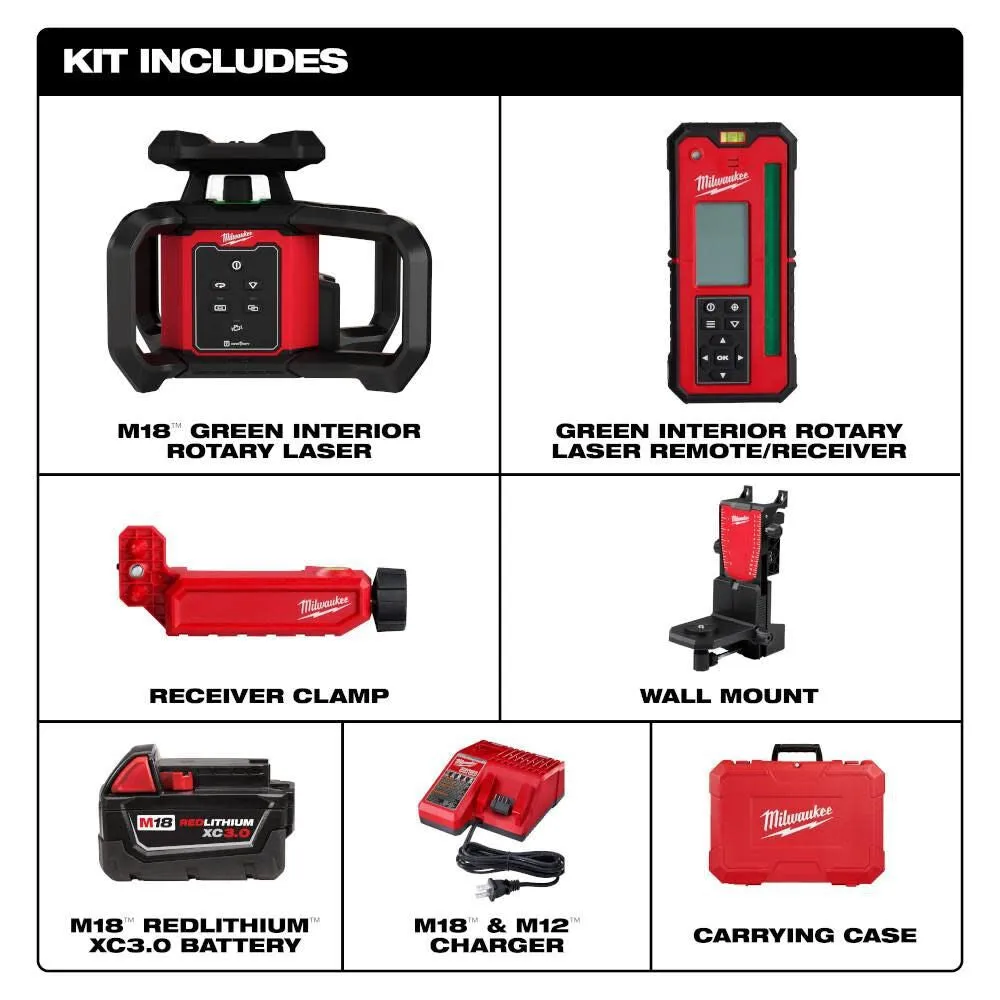 Milwaukee 3702-21 M18 Green Interior Rotary Laser Level Kit w/ Remote/Receiver & Wall Mount Bracket