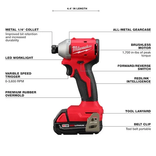 Milwaukee M18™ Compact Brushless 1/4" Hex Impact Driver Kit (1 Kit)