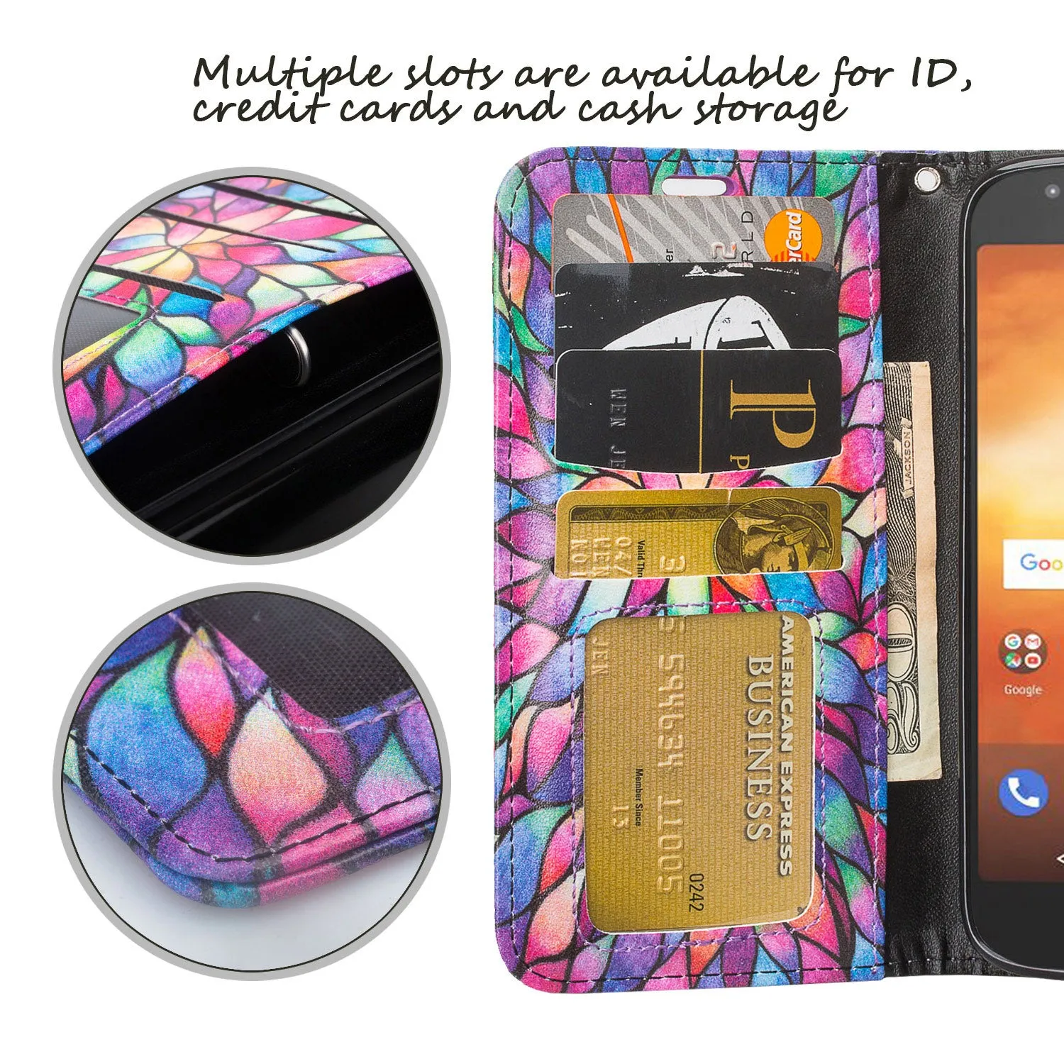 Motorola Moto E5 Play / E5 Cruise / E5 GO Wallet Case, Wrist Strap Leather Wallet Case [Kickstand] with ID & Credit Card Slots - Rainbow Flower