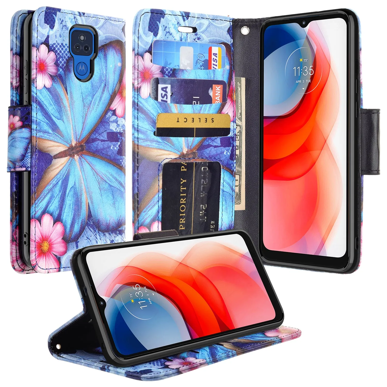 Motorola moto g play 2021 Case, moto g play 2021 Wallet Case, Wrist Strap Pu Leather Wallet Case [Kickstand] with ID & Credit Card Slots - Blue Butterfly