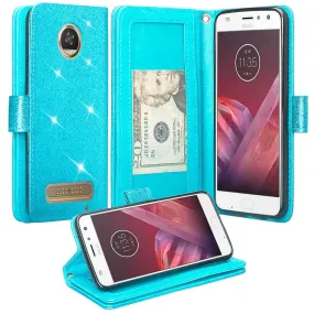 Motorola Moto Z2 Play Case, Moto Z2 Play wallet Case, [Wrist Strap] Glitter Faux Leather Flip [Kickstand Feature] Protective Wallet Case Clutch - Teal