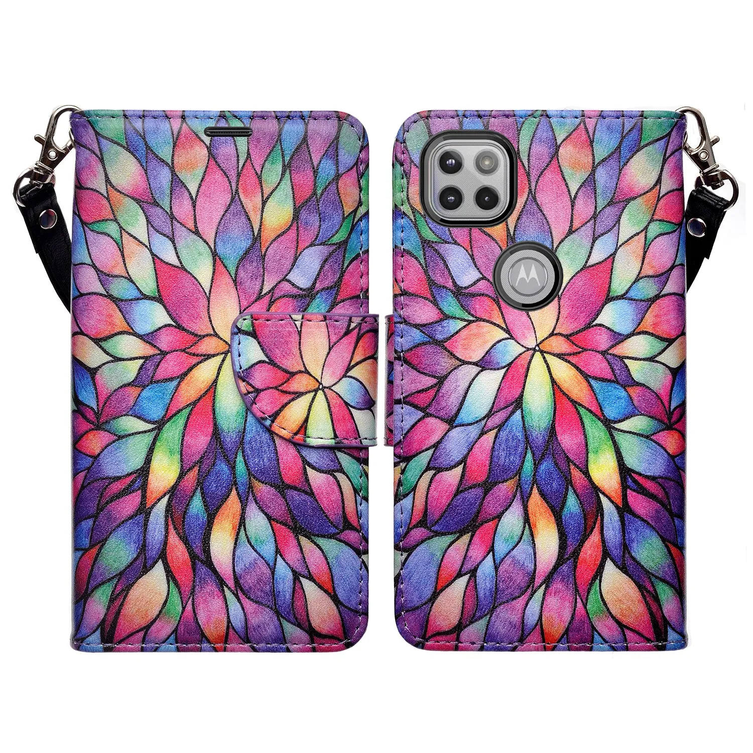 Motorola one 5G ace Case, Motorola one 5G ace Wallet Case, Wrist Strap Pu Leather Wallet Case [Kickstand] with ID & Credit Card Slots - Rainbow Flower