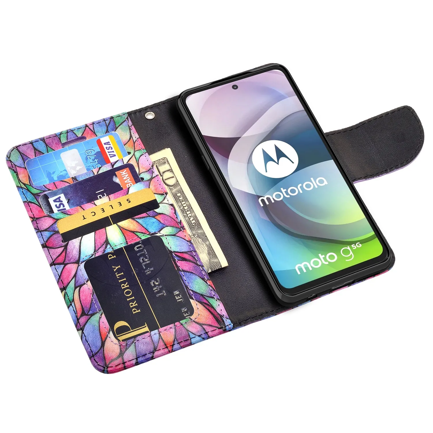 Motorola one 5G ace Case, Motorola one 5G ace Wallet Case, Wrist Strap Pu Leather Wallet Case [Kickstand] with ID & Credit Card Slots - Rainbow Flower