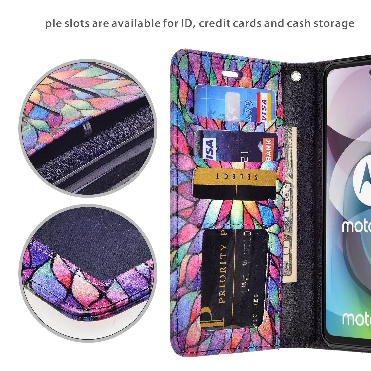 Motorola one 5G ace Case, Motorola one 5G ace Wallet Case, Wrist Strap Pu Leather Wallet Case [Kickstand] with ID & Credit Card Slots - Rainbow Flower