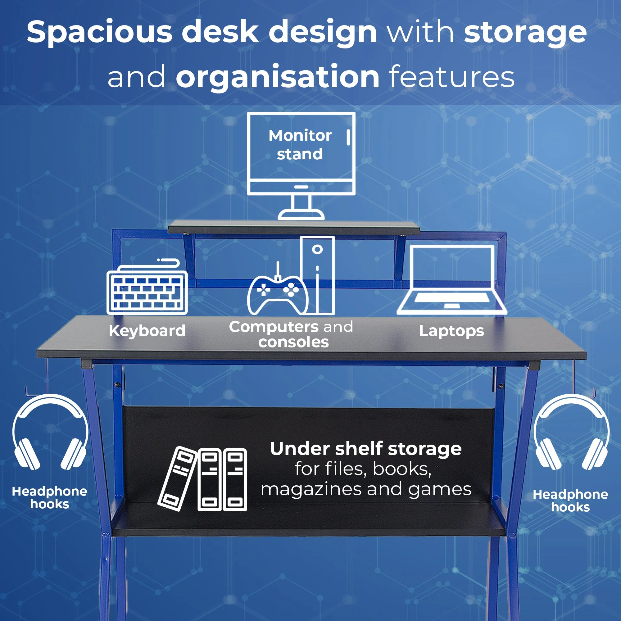 Neo Blue Ergonomic 2 Tier Gaming Computer Office Desk