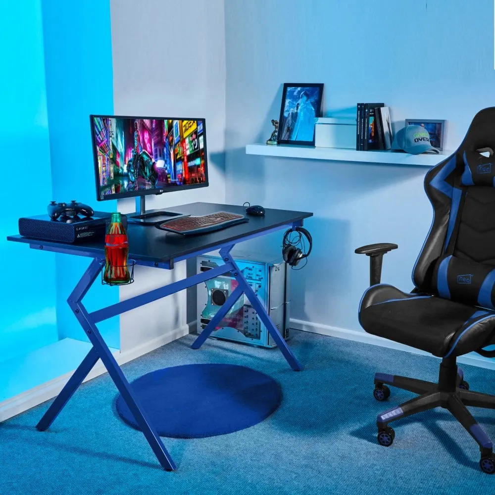 Neo Blue Ergonomic Computer Gaming Office Desk with Headphone Hook