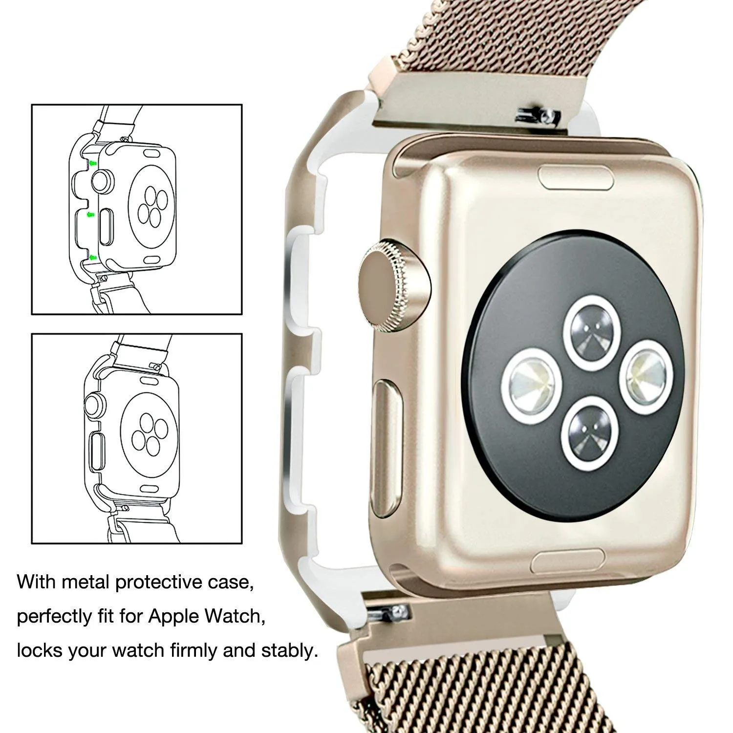 Noir Apple Watch Band with Case 38mm, Stainless Steel Mesh Milanese Loop with Adjustable Magnetic Closure for Apple Watch Series 3 2 1, Gold