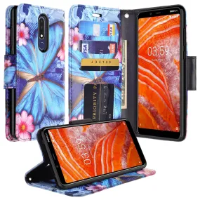 Nokia 3.1 Plus Case, Nokia 3.1 Plus Wallet Case, Wrist Strap Pu Leather Wallet Case [Kickstand] with ID & Credit Card Slots - Blue Butterfly